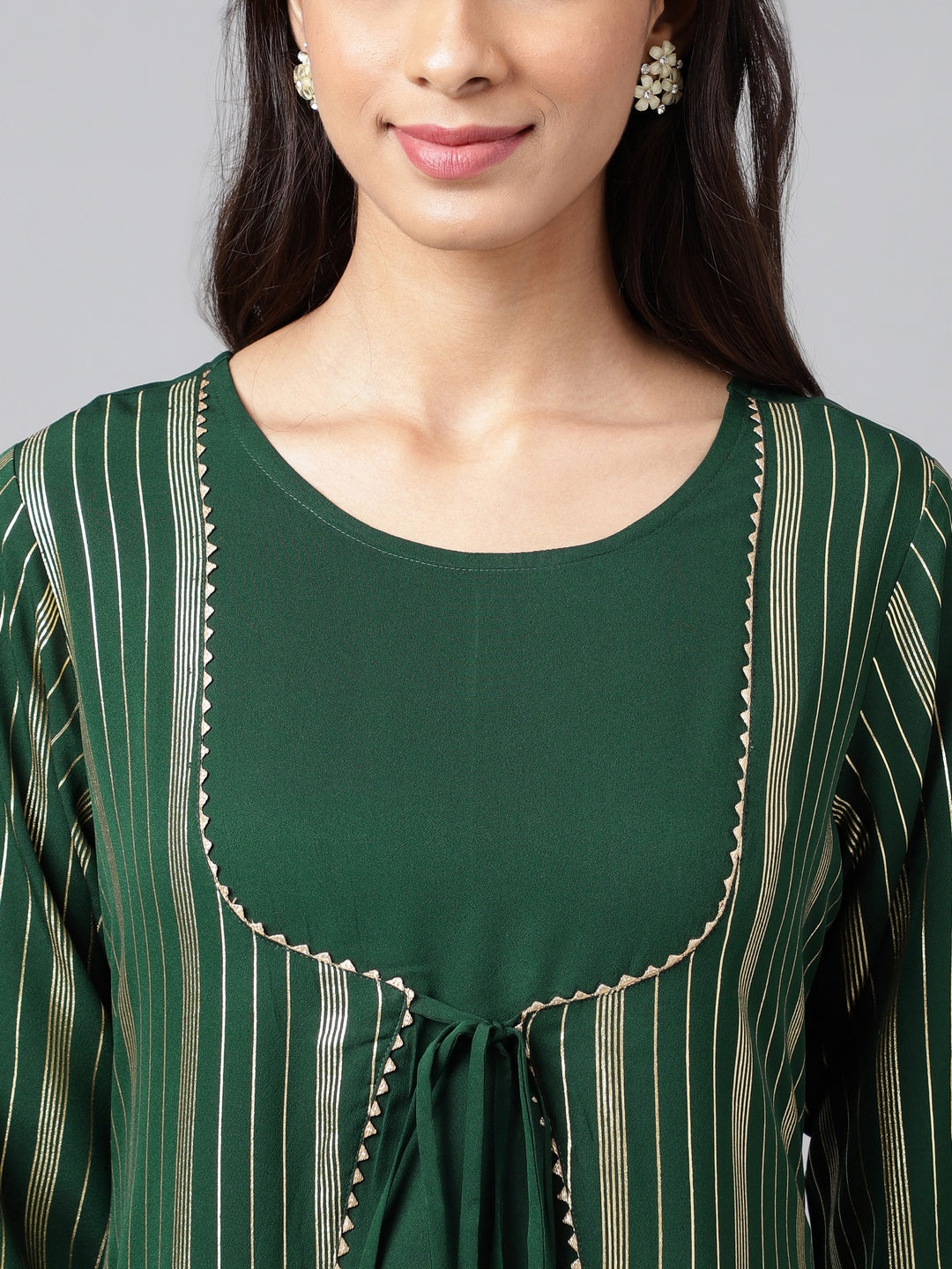 Janasya Women's Green Crepe Foil Printed Casual A-Line Kurta | Swadesiicart