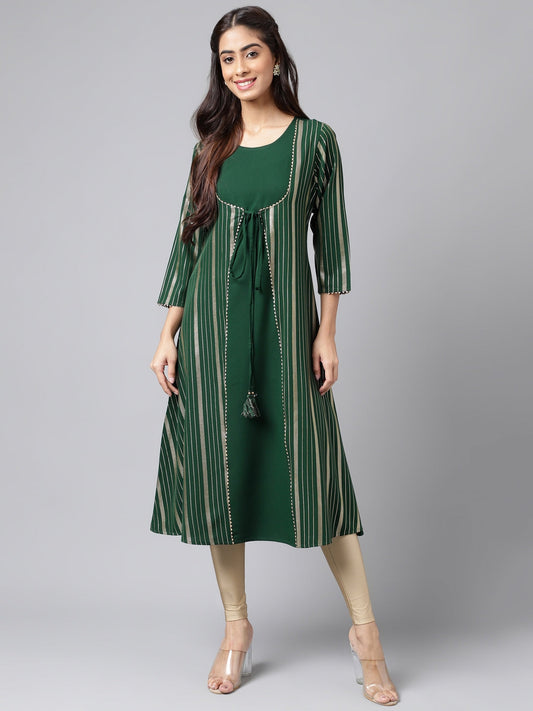 Janasya Women's Green Crepe Foil Printed Casual A-Line Kurta | Swadesiicart