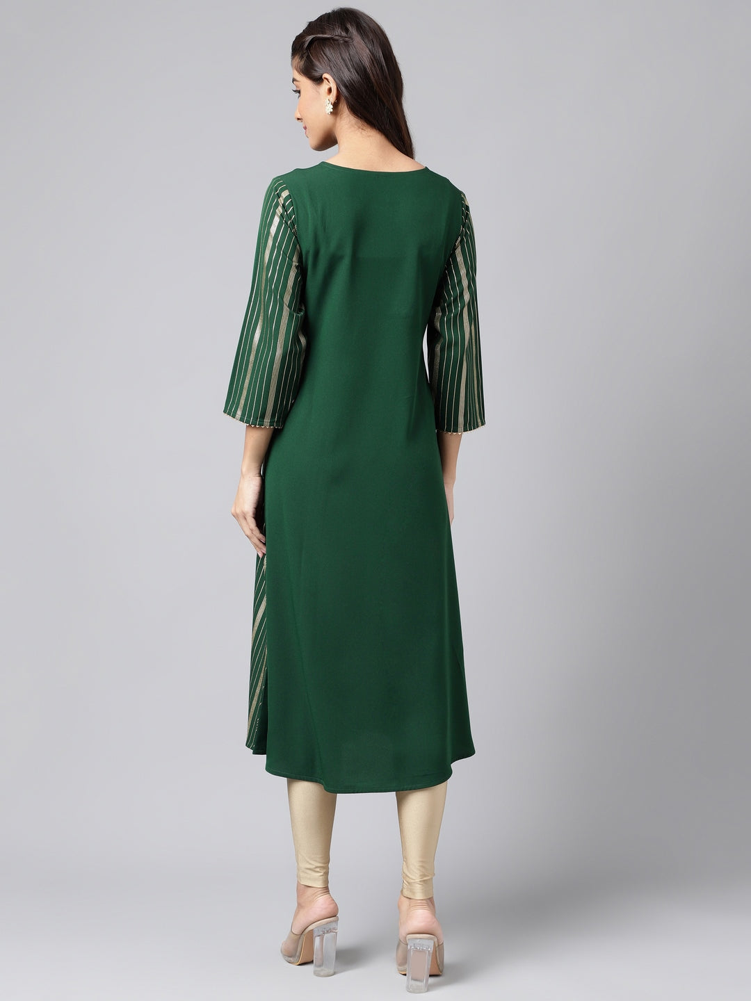 Janasya Women's Green Crepe Foil Printed Casual A-Line Kurta | Swadesiicart