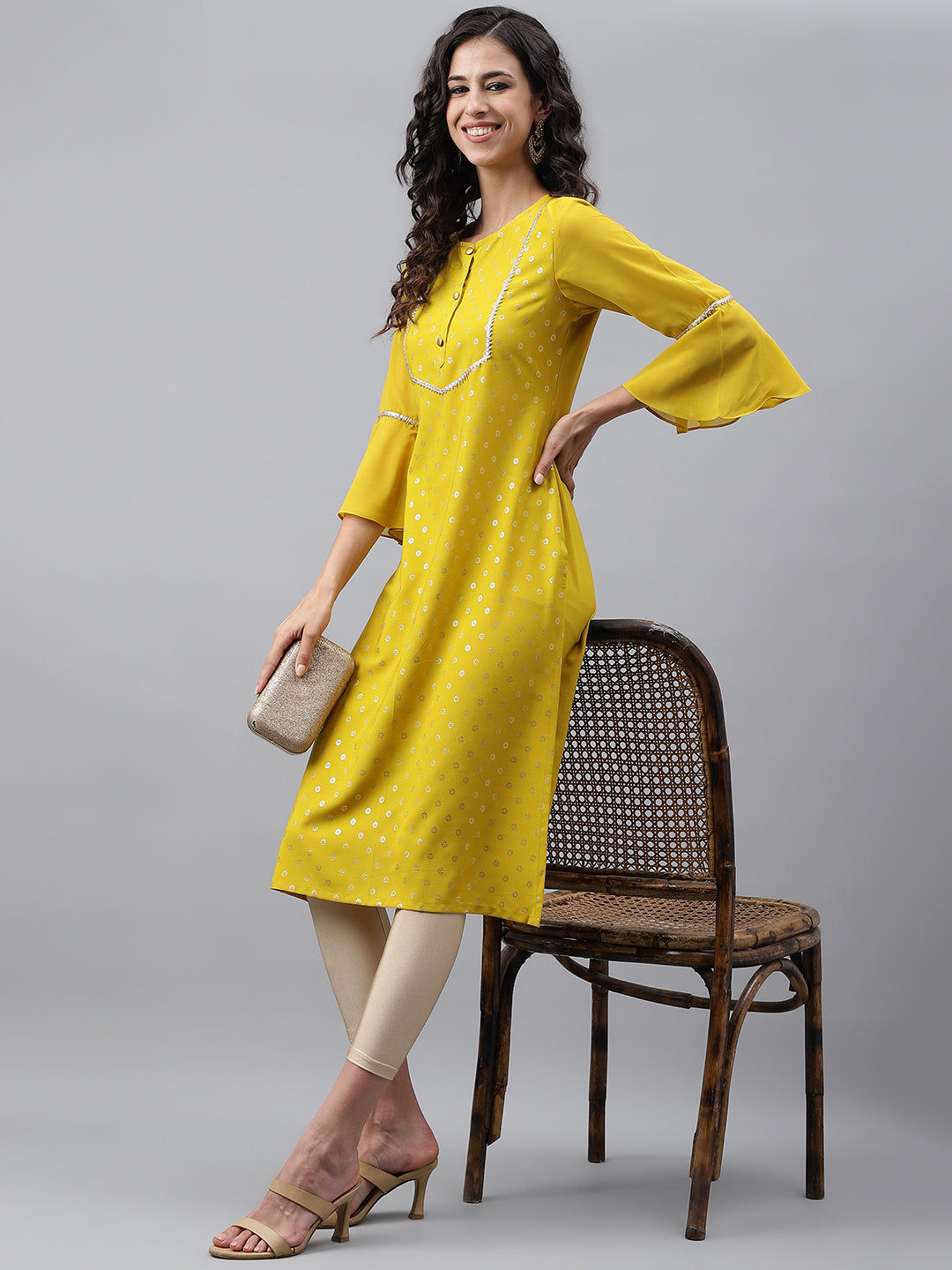 Janasya Women's Yellow Crepe Foil Printed Festive Straight Kurta | Swadesiicart
