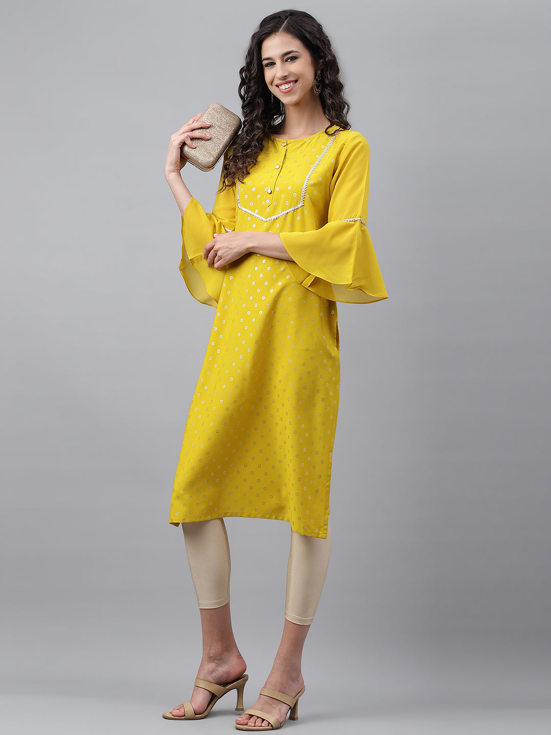 Janasya Women's Yellow Crepe Foil Printed Festive Straight Kurta | Swadesiicart