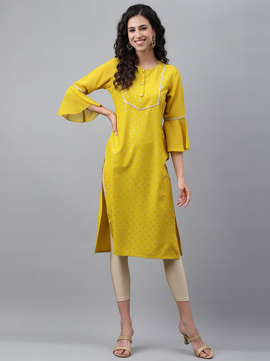 Janasya Women's Yellow Crepe Foil Printed Festive Straight Kurta | Swadesiicart