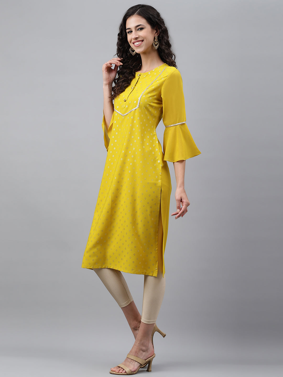 Janasya Women's Yellow Crepe Foil Printed Festive Straight Kurta | Swadesiicart