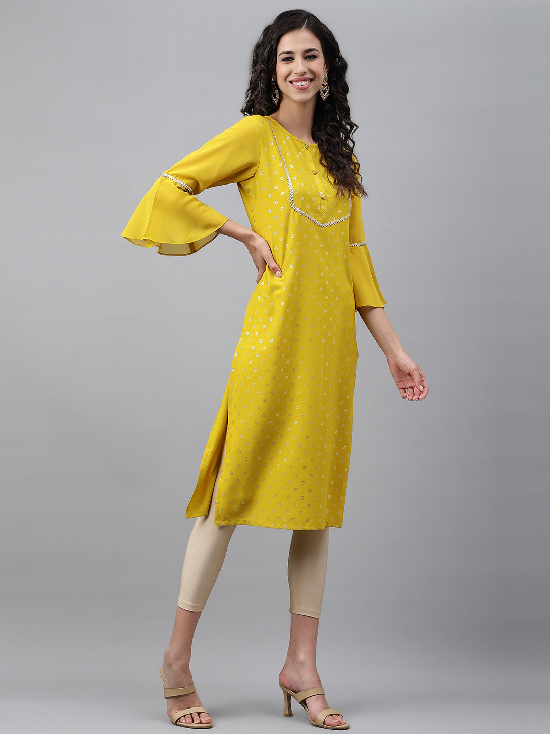 Janasya Women's Yellow Crepe Foil Printed Festive Straight Kurta | Swadesiicart