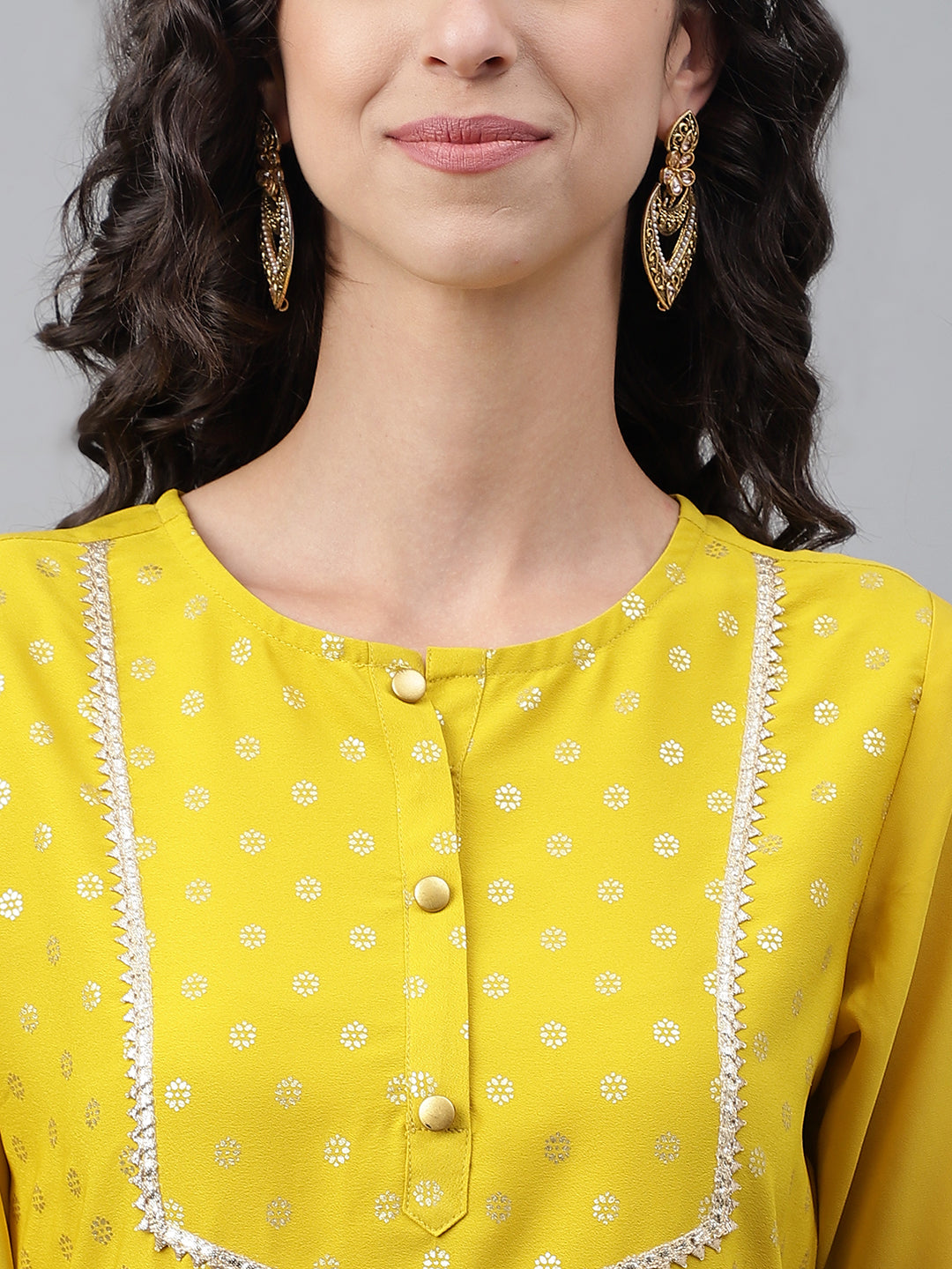 Janasya Women's Yellow Crepe Foil Printed Festive Straight Kurta | Swadesiicart