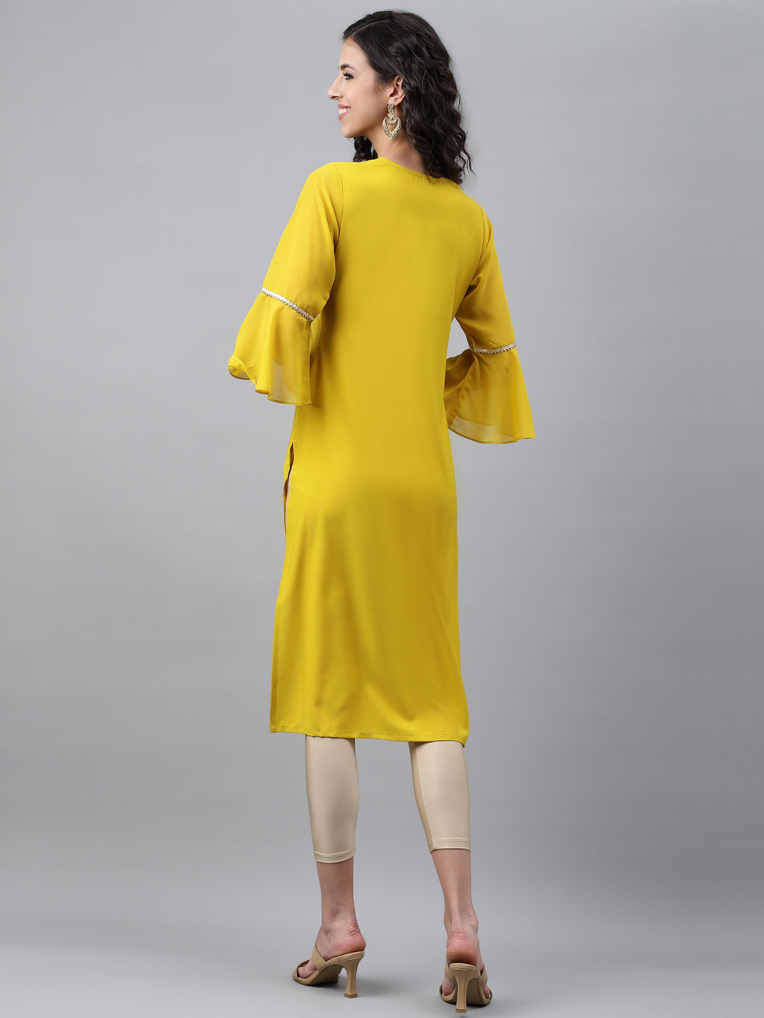 Janasya Women's Yellow Crepe Foil Printed Festive Straight Kurta | Swadesiicart