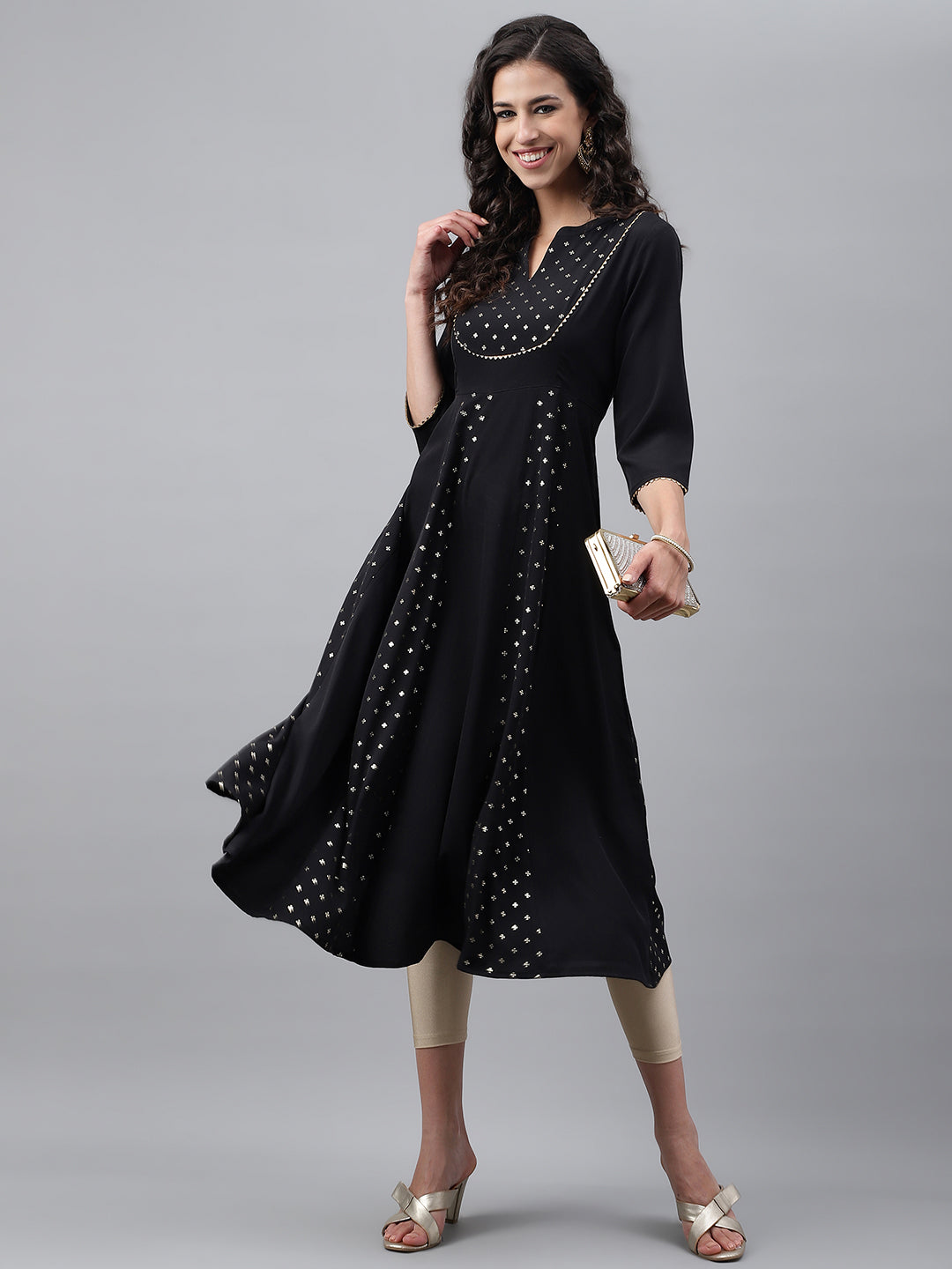 Janasya Women's Black Crepe Foil Printed Festive Anarkali Kurta | Swadesiicart