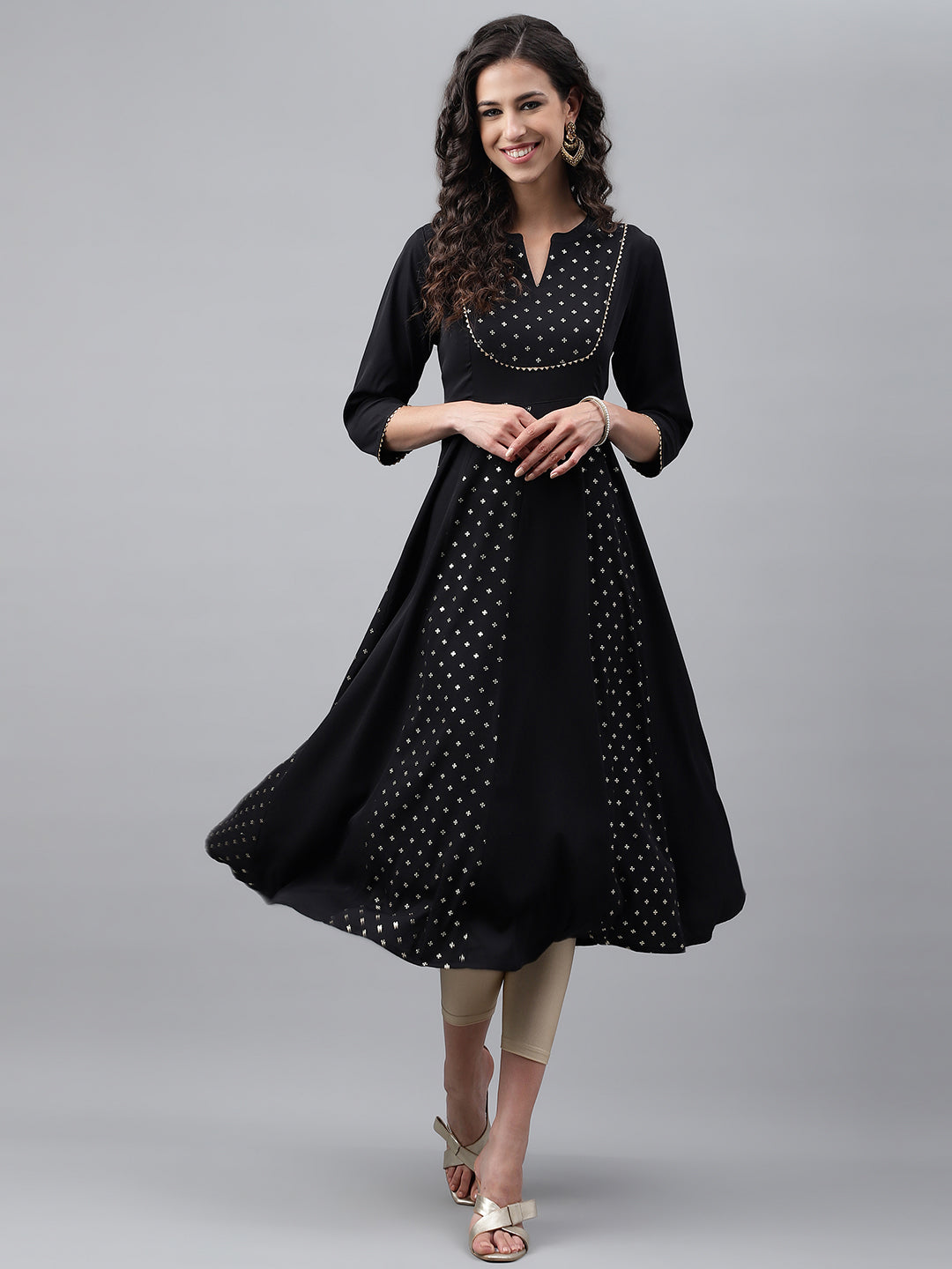 Janasya Women's Black Crepe Foil Printed Festive Anarkali Kurta | Swadesiicart