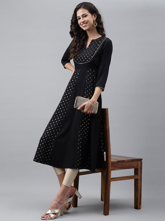 Janasya Women's Black Crepe Foil Printed Festive Anarkali Kurta | Swadesiicart