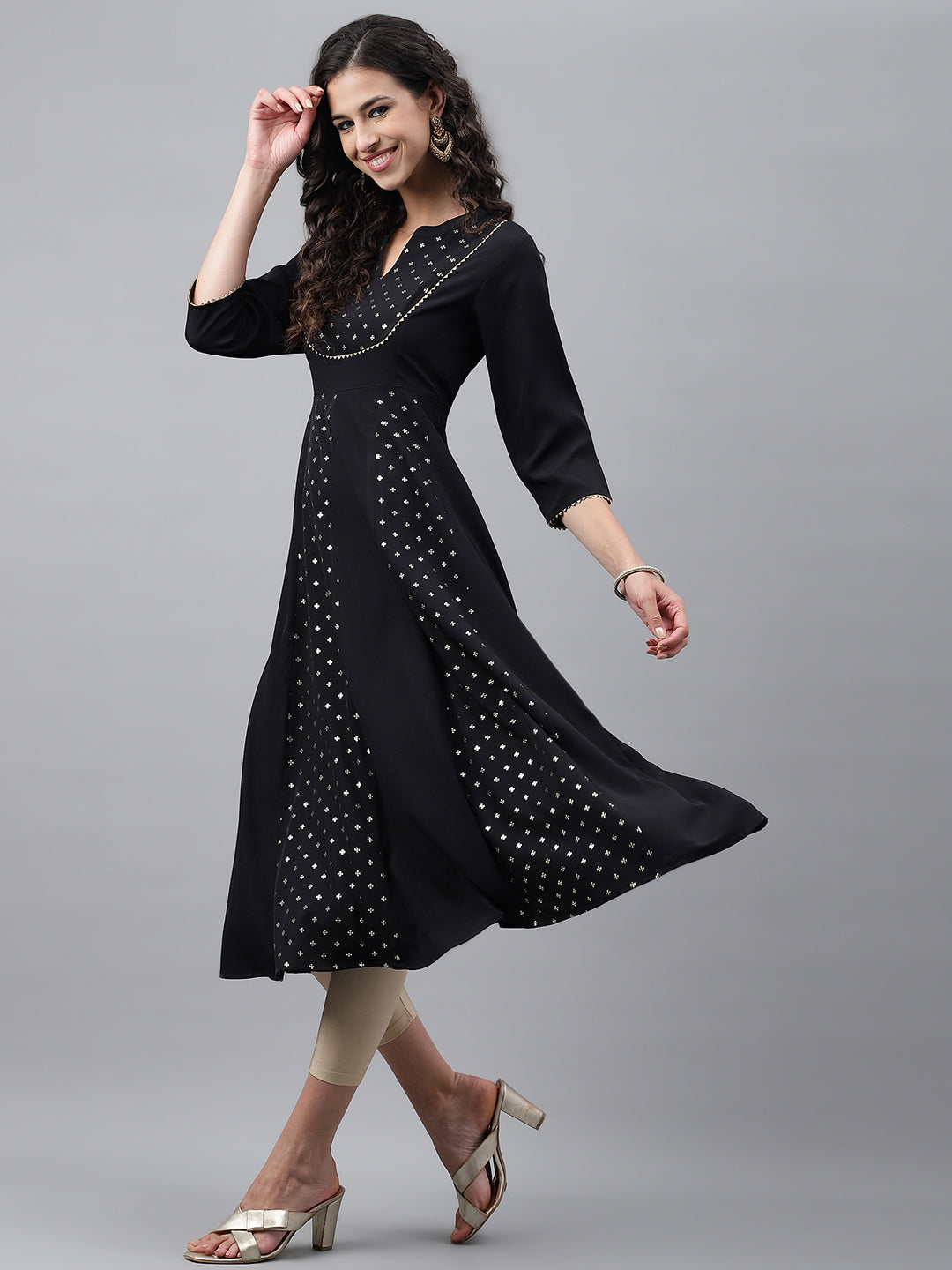 Janasya Women's Black Crepe Foil Printed Festive Anarkali Kurta | Swadesiicart
