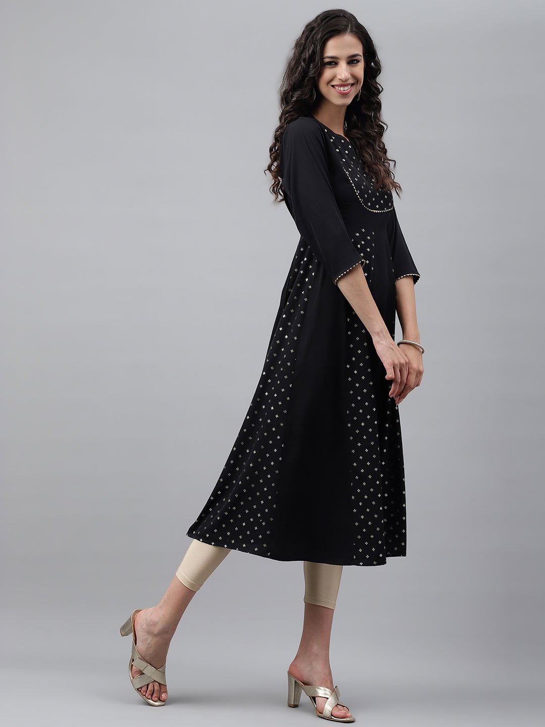 Janasya Women's Black Crepe Foil Printed Festive Anarkali Kurta | Swadesiicart