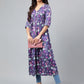 Janasya Women's Navy Blue Satin Digital Floral Printed Casual Gathered Kurta - Swadesiicart