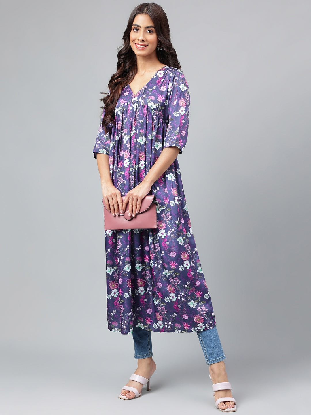 Janasya Women's Navy Blue Satin Digital Floral Printed Casual Gathered Kurta - Swadesiicart