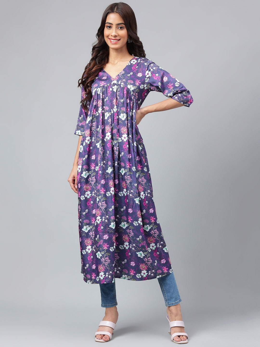 Janasya Women's Navy Blue Satin Digital Floral Printed Casual Gathered Kurta - Swadesiicart