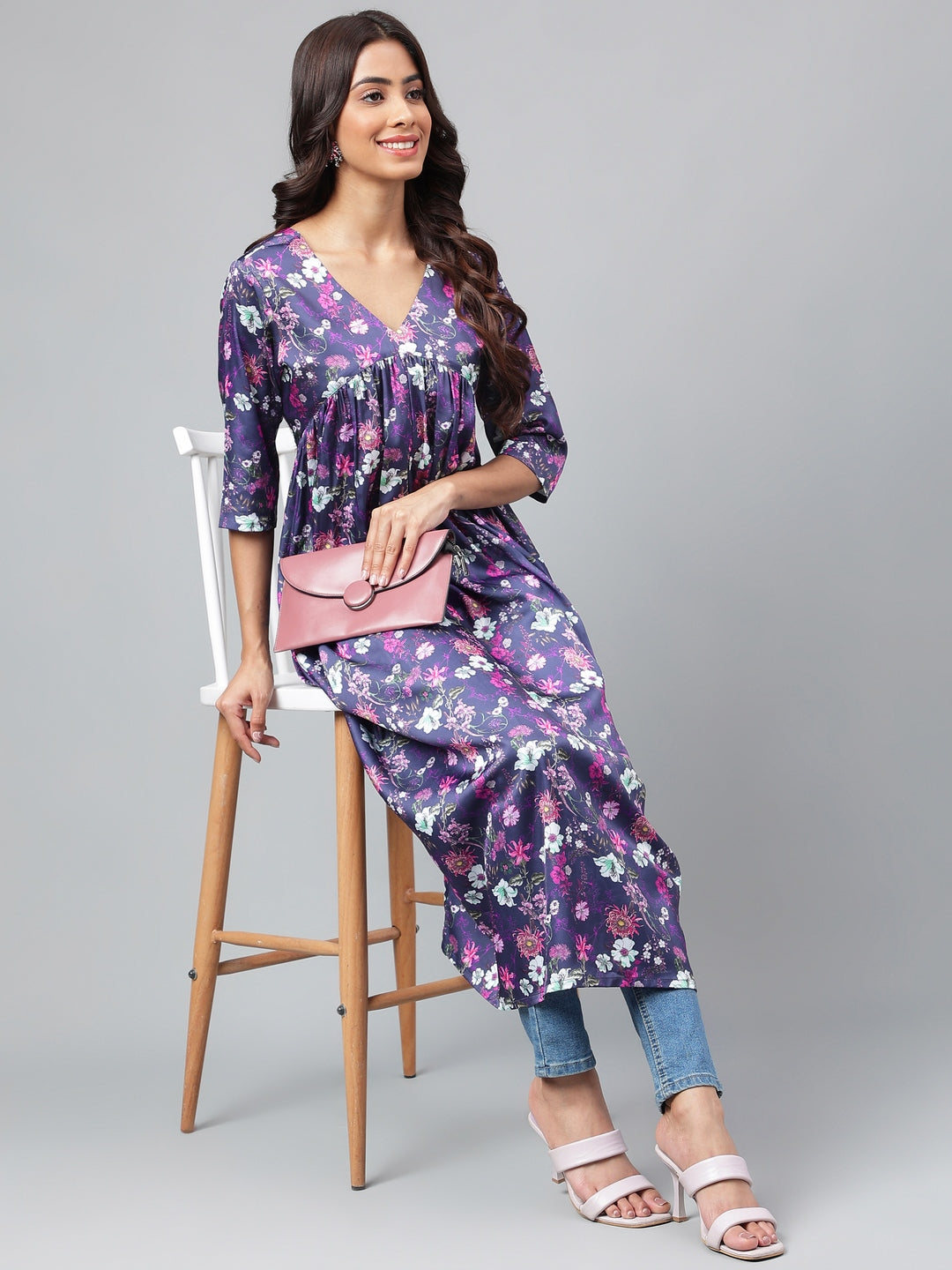 Janasya Women's Navy Blue Satin Digital Floral Printed Casual Gathered Kurta - Swadesiicart