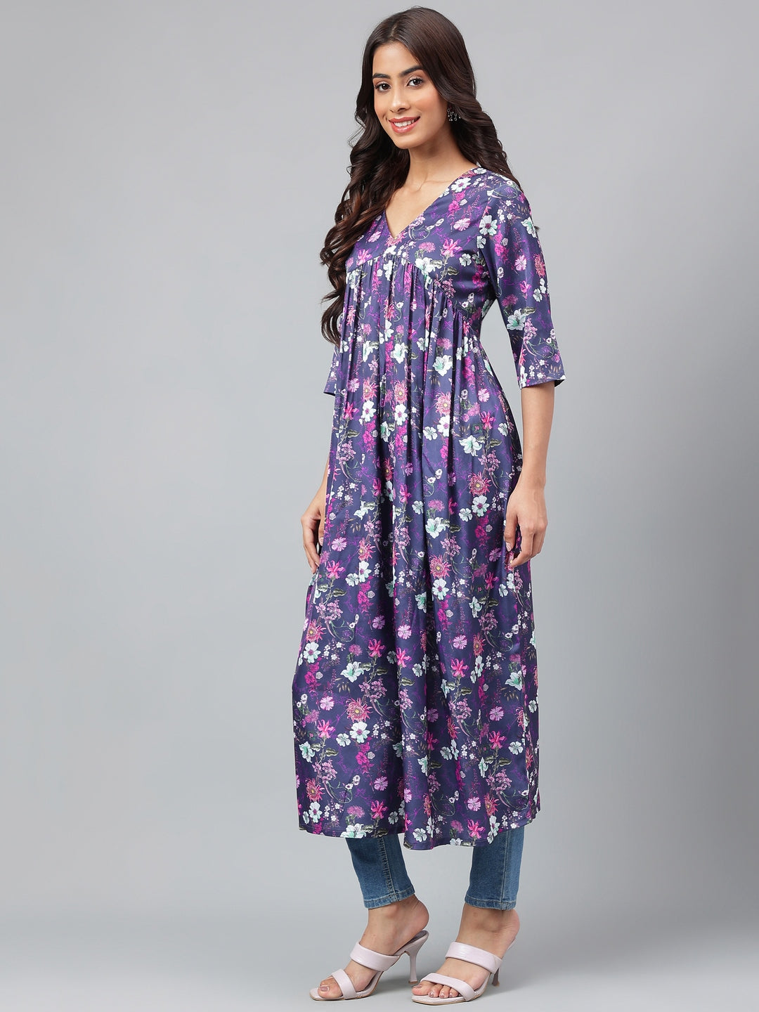 Janasya Women's Navy Blue Satin Digital Floral Printed Casual Gathered Kurta - Swadesiicart