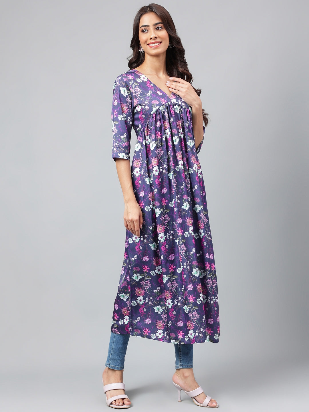 Janasya Women's Navy Blue Satin Digital Floral Printed Casual Gathered Kurta - Swadesiicart
