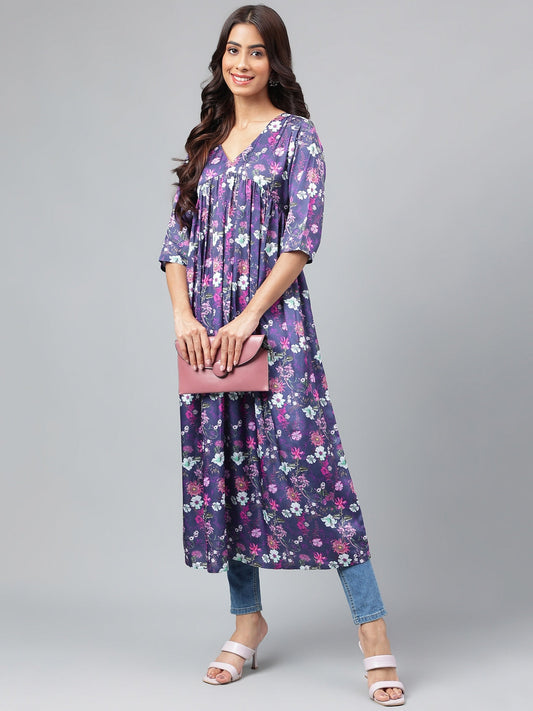 Janasya Women's Navy Blue Satin Digital Floral Printed Casual Gathered Kurta - Swadesiicart