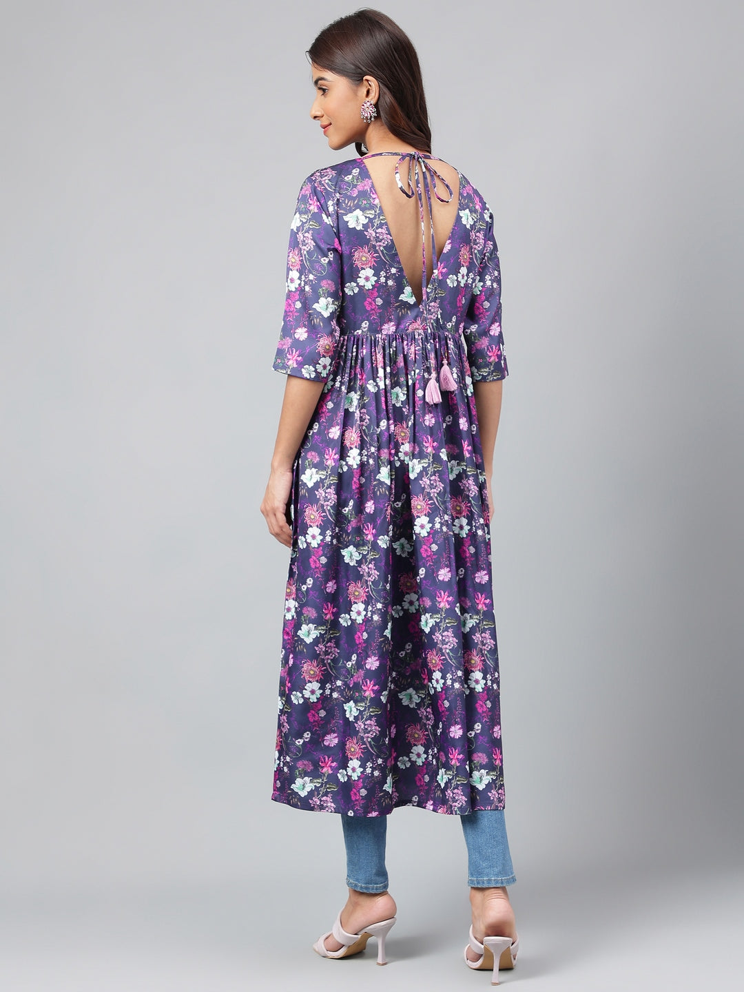 Janasya Women's Navy Blue Satin Digital Floral Printed Casual Gathered Kurta - Swadesiicart