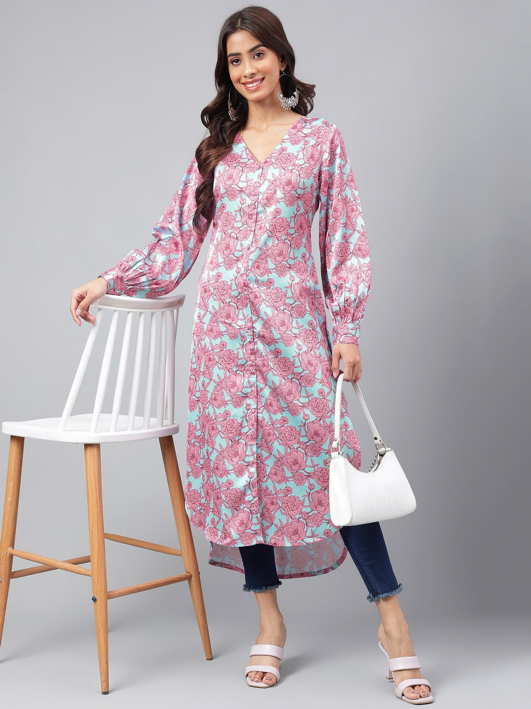 Janasya Women's Sea Green Satin Digital Floral Printed Casual Gathered Kurta | Swadesiicart