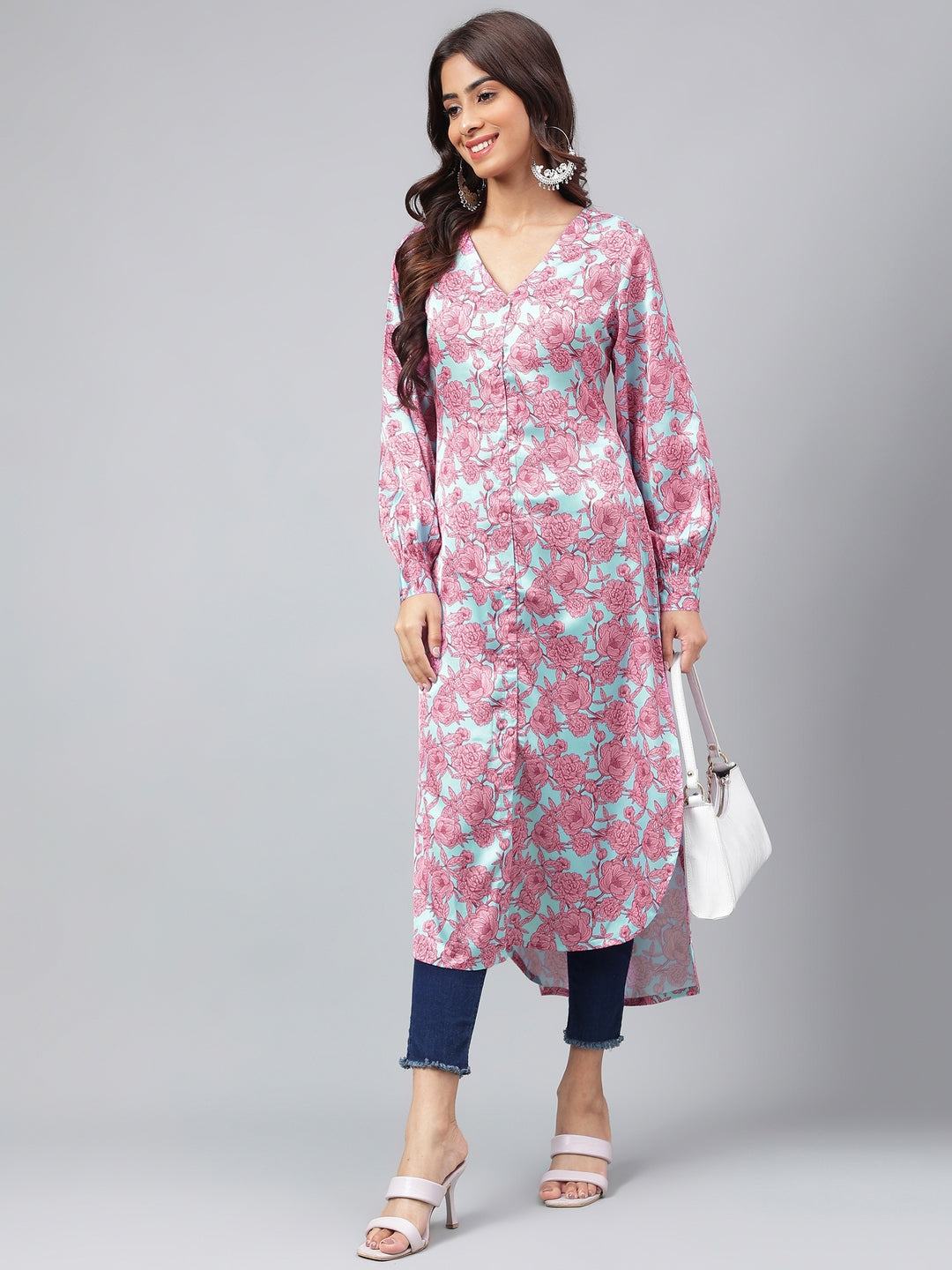 Janasya Women's Sea Green Satin Digital Floral Printed Casual Gathered Kurta | Swadesiicart