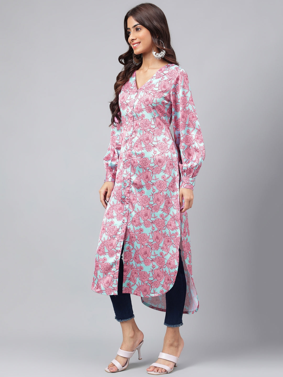 Janasya Women's Sea Green Satin Digital Floral Printed Casual Gathered Kurta | Swadesiicart