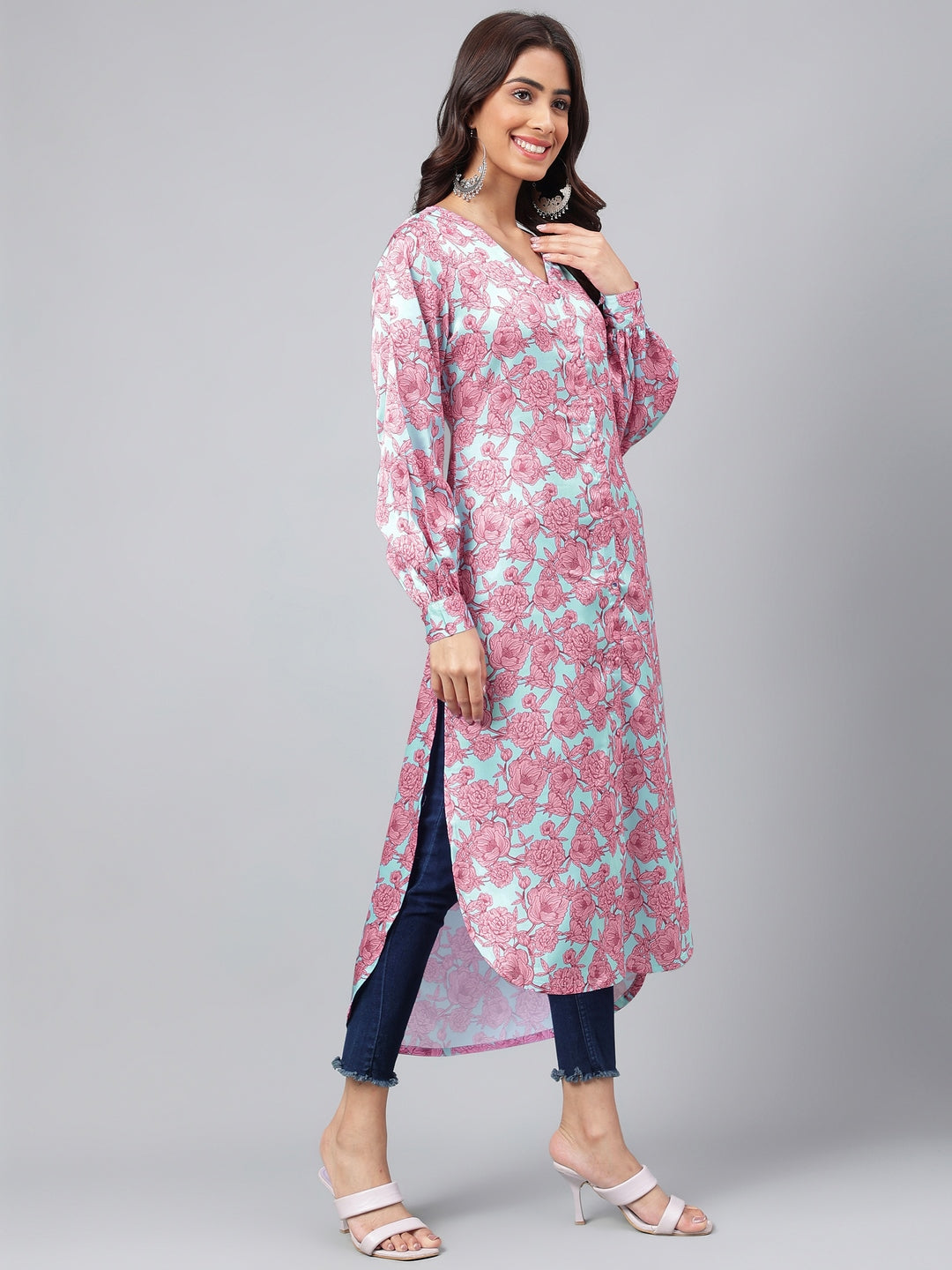 Janasya Women's Sea Green Satin Digital Floral Printed Casual Gathered Kurta | Swadesiicart