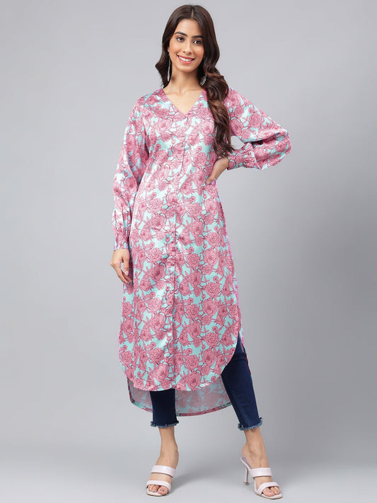 Janasya Women's Sea Green Satin Digital Floral Printed Casual Gathered Kurta | Swadesiicart