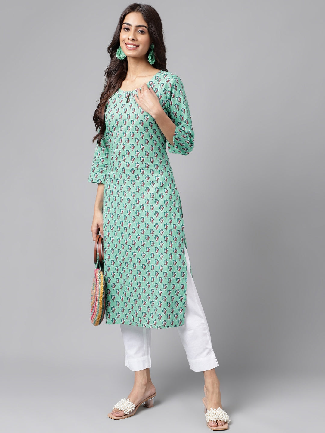 Janasya Women's Light Blue Cotton Ethnic Motifs Casual Straight Kurta | Swadesiicart