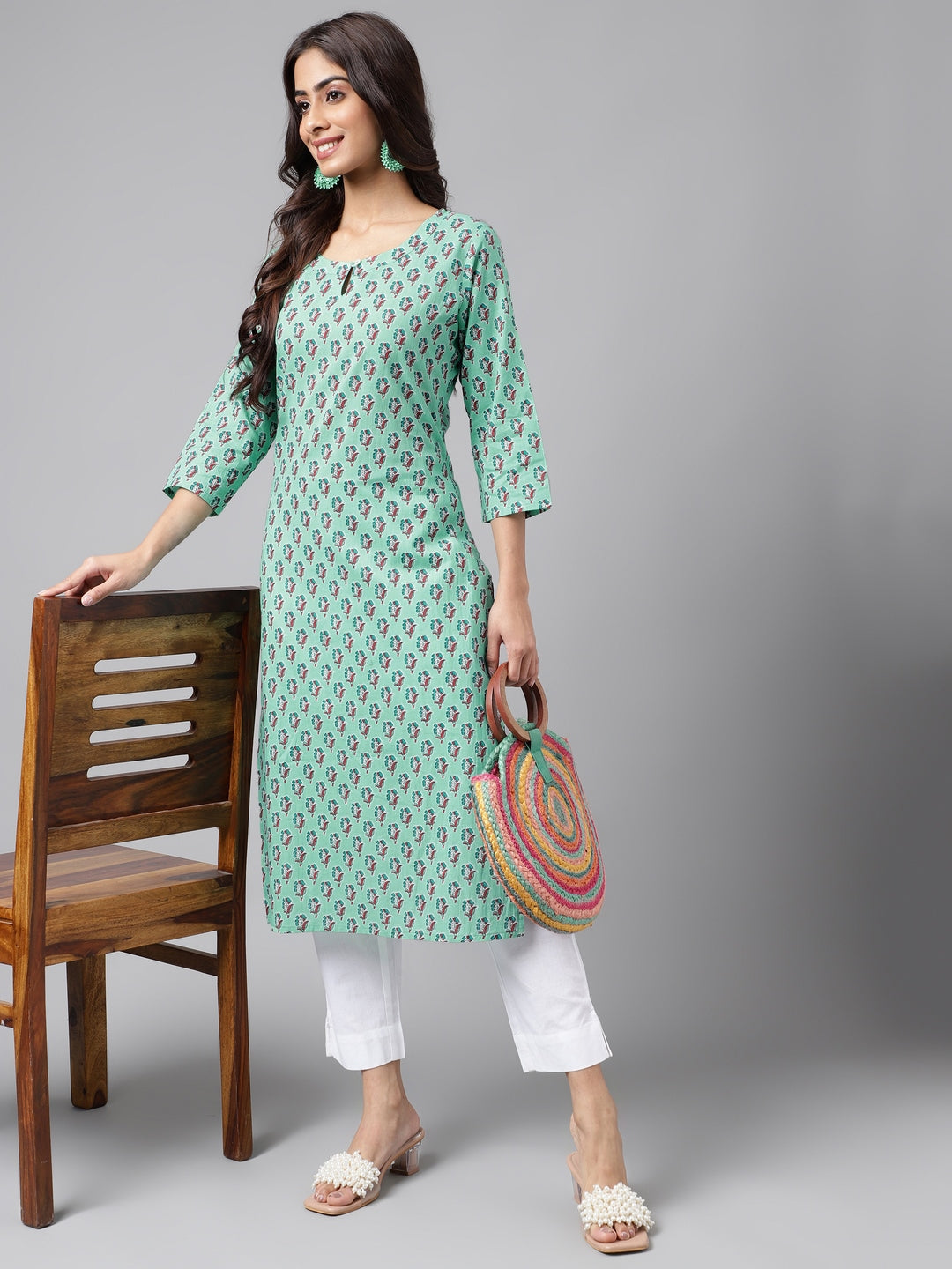 Janasya Women's Light Blue Cotton Ethnic Motifs Casual Straight Kurta | Swadesiicart