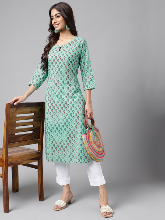Janasya Women's Light Blue Cotton Ethnic Motifs Casual Straight Kurta | Swadesiicart