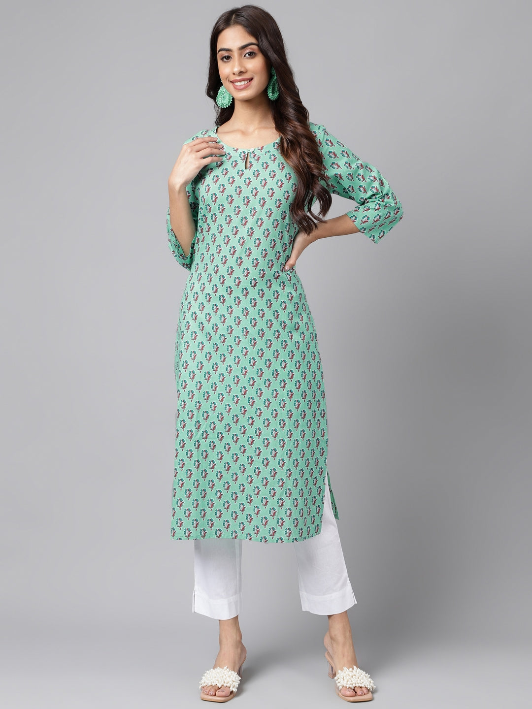 Janasya Women's Light Blue Cotton Ethnic Motifs Casual Straight Kurta | Swadesiicart