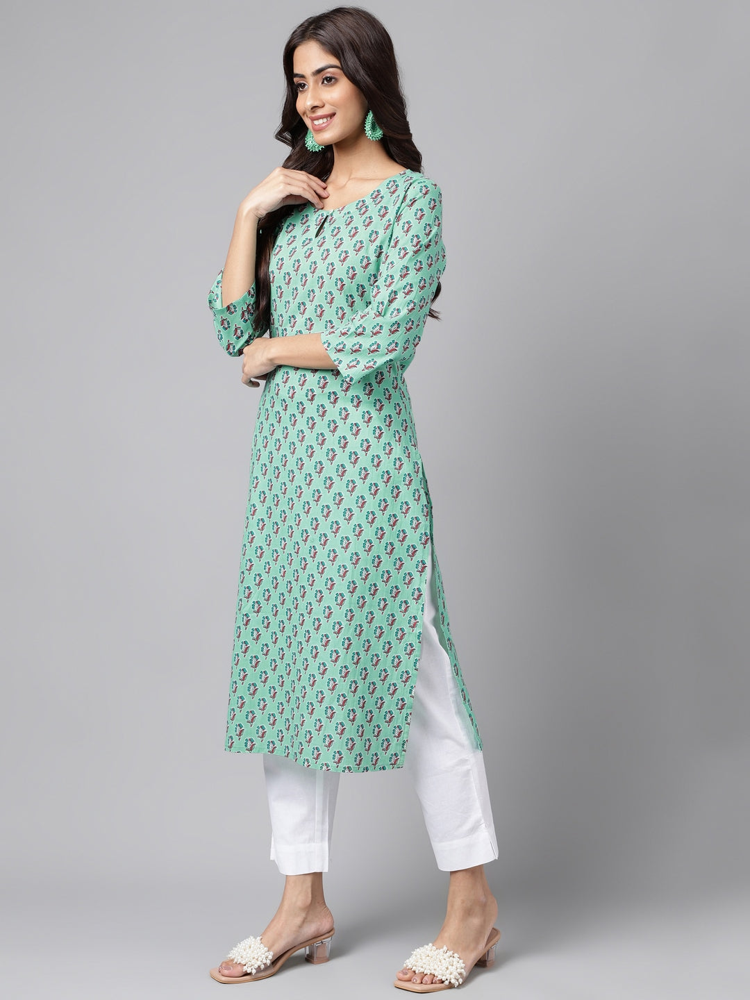 Janasya Women's Light Blue Cotton Ethnic Motifs Casual Straight Kurta | Swadesiicart