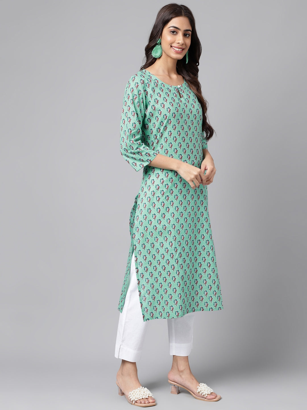 Janasya Women's Light Blue Cotton Ethnic Motifs Casual Straight Kurta | Swadesiicart