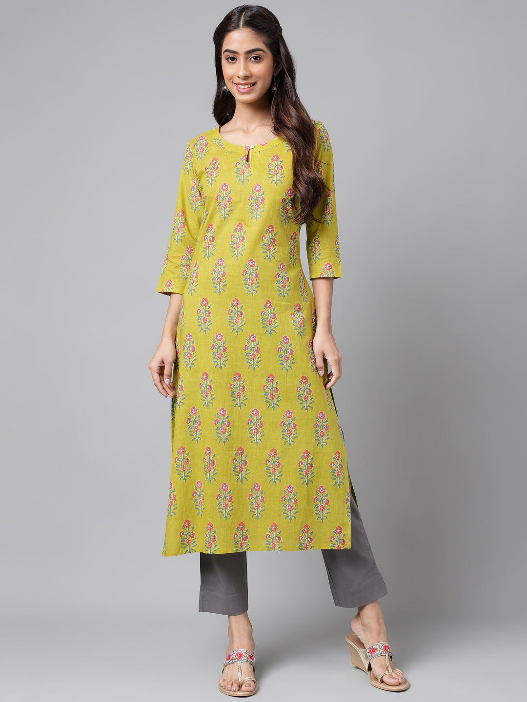 Janasya Women's Green Cotton Floral Printed Casual Straight Kurta | Swadesiicart