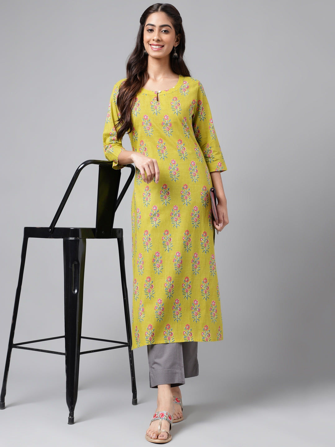 Janasya Women's Green Cotton Floral Printed Casual Straight Kurta | Swadesiicart