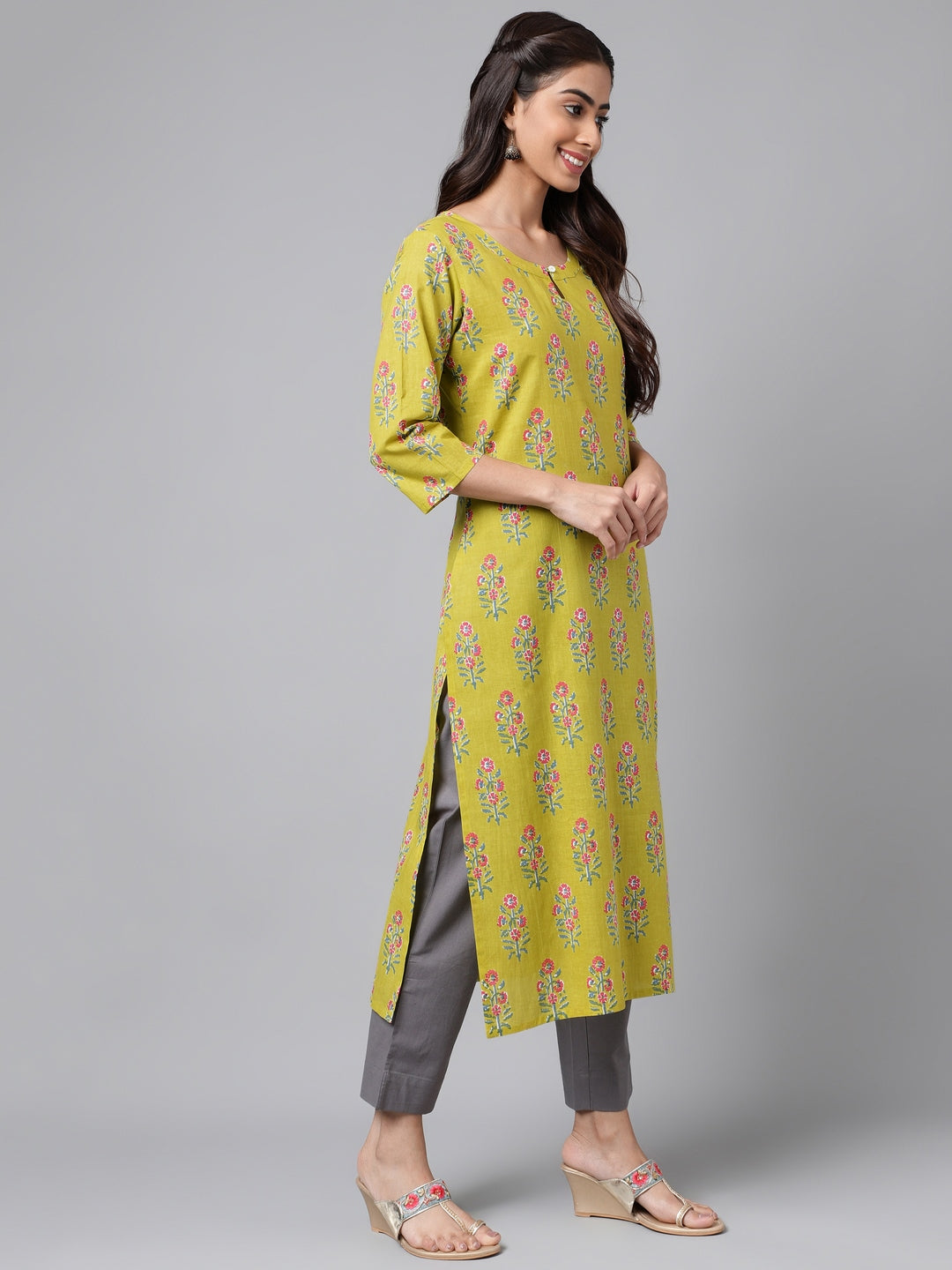 Janasya Women's Green Cotton Floral Printed Casual Straight Kurta | Swadesiicart