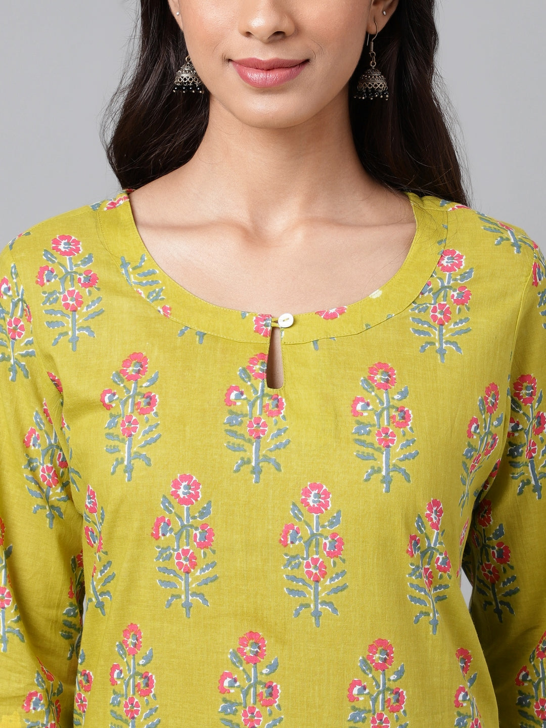 Janasya Women's Green Cotton Floral Printed Casual Straight Kurta | Swadesiicart