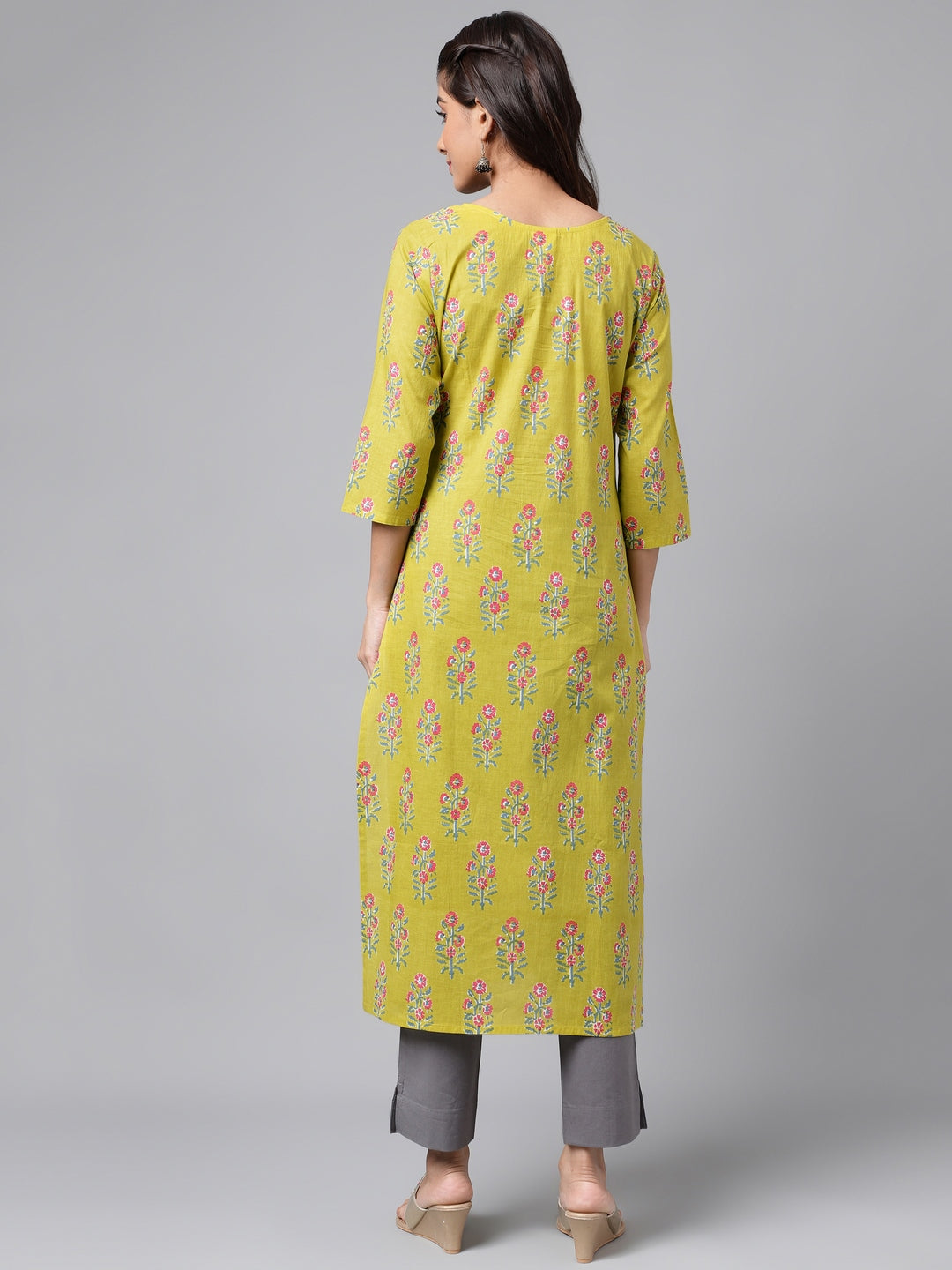Janasya Women's Green Cotton Floral Printed Casual Straight Kurta | Swadesiicart
