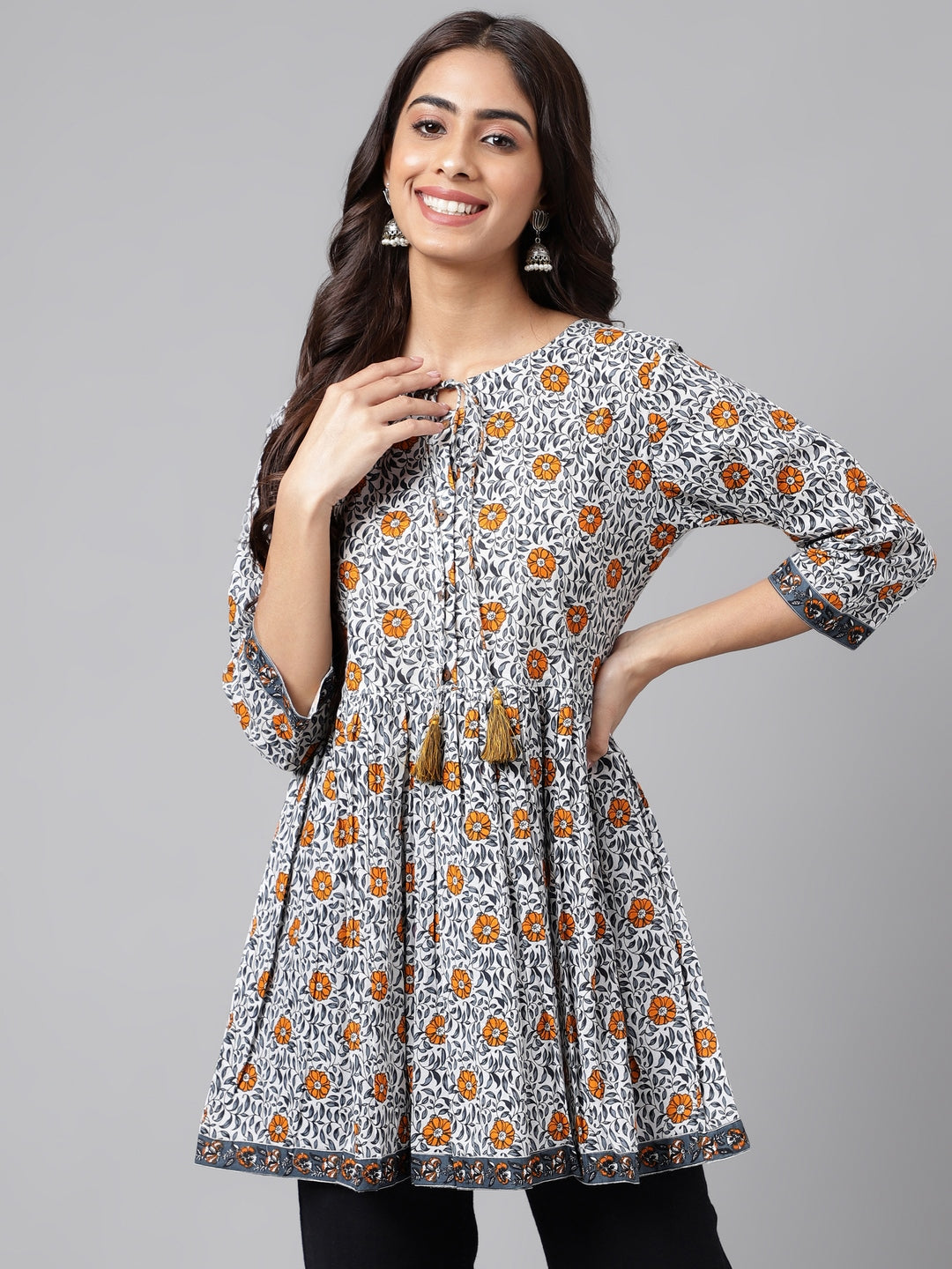 Janasya Women's Multicolor Cotton Botanical Printed Casual Peplum Top | Swadesiicart
