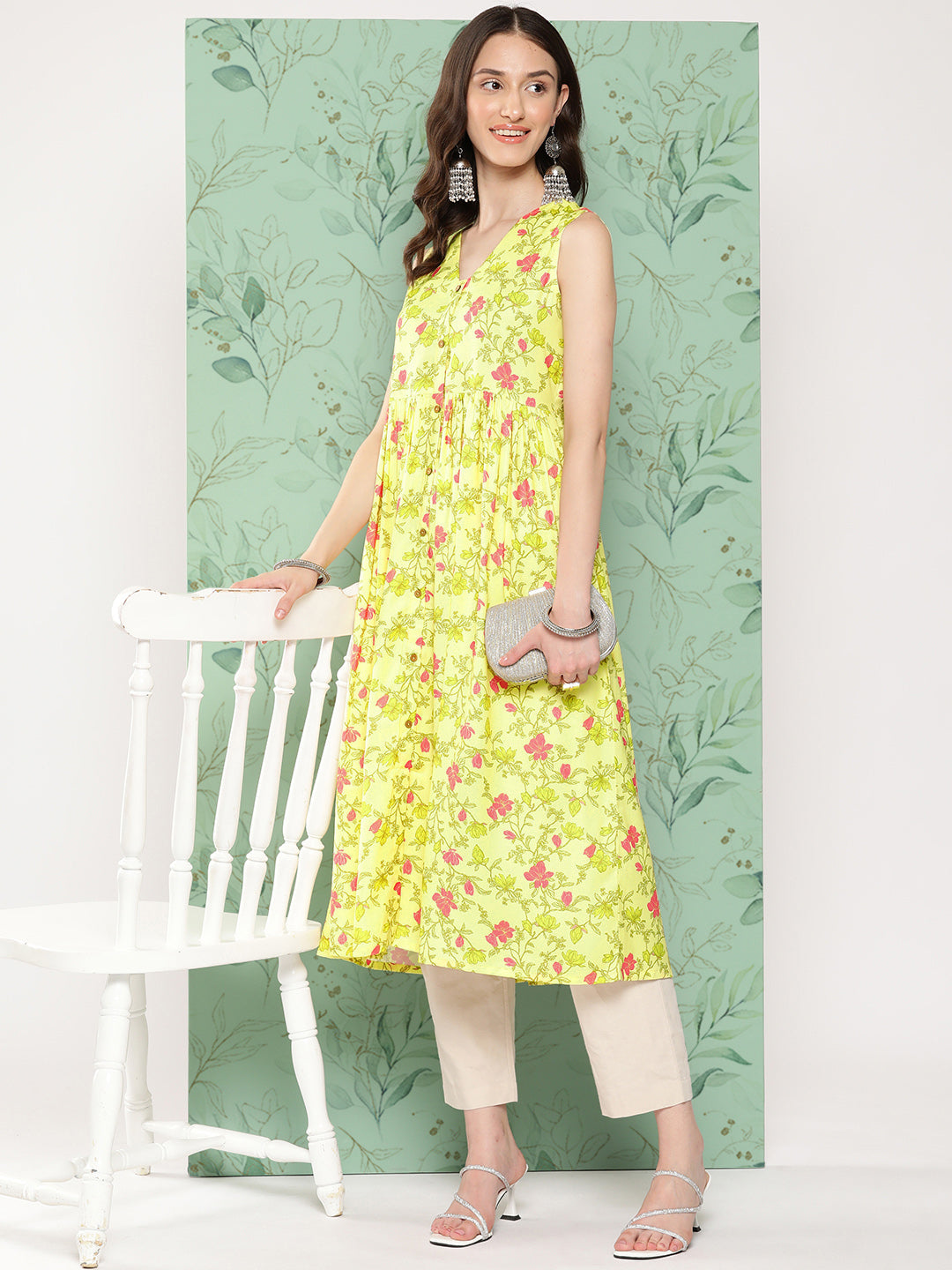 Janasya Women's Lemon Yellow Moss Digital Floral Printed Casual Gathered Kurta - Swadesiicart