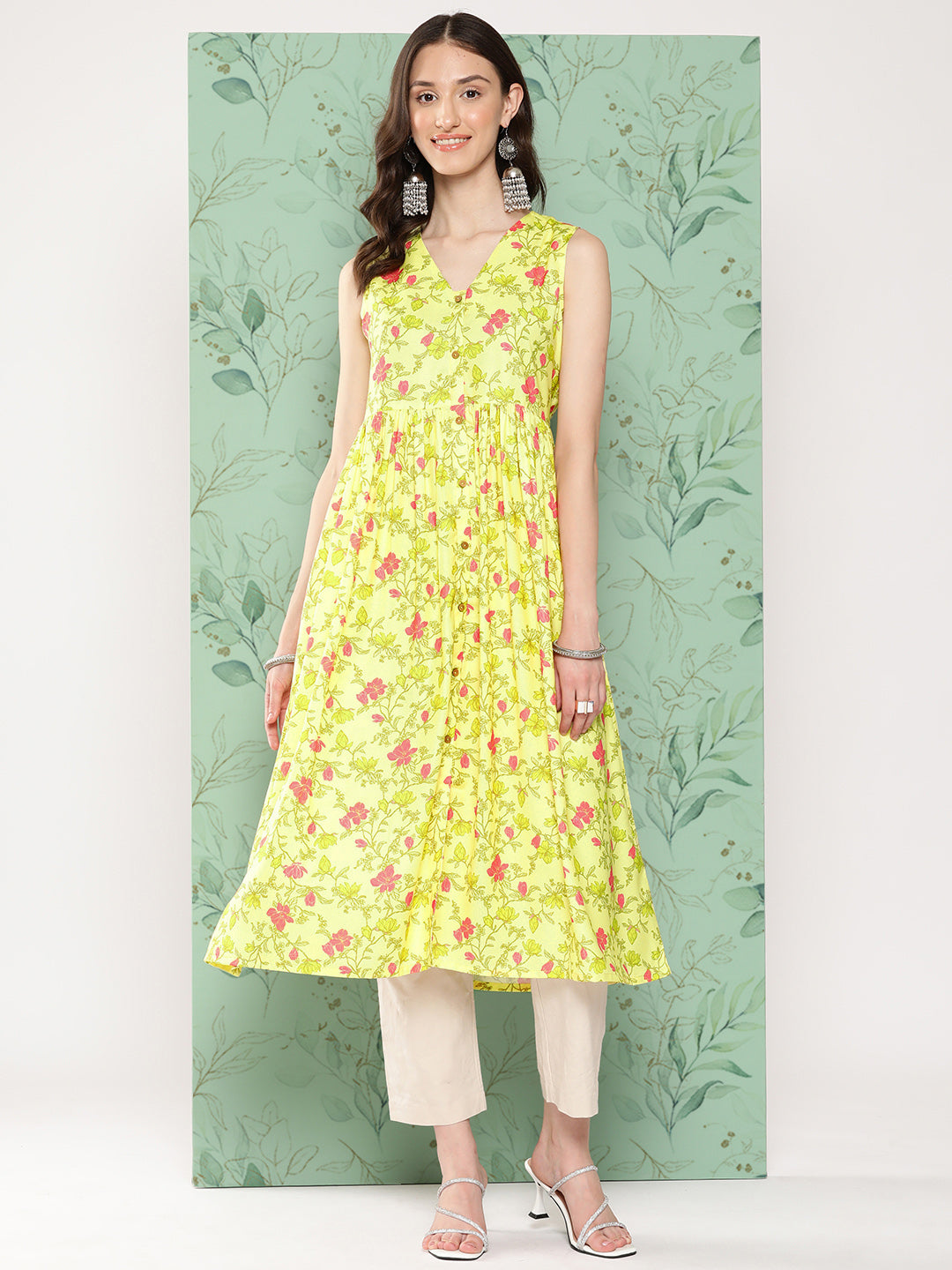 Janasya Women's Lemon Yellow Moss Digital Floral Printed Casual Gathered Kurta - Swadesiicart