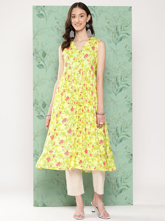 Janasya Women's Lemon Yellow Moss Digital Floral Printed Casual Gathered Kurta - Swadesiicart
