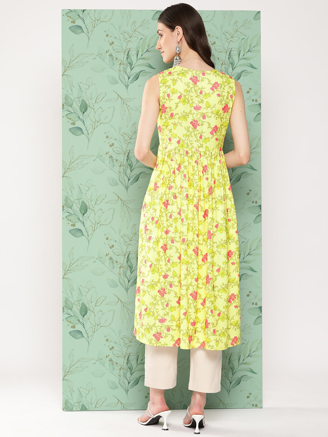 Janasya Women's Lemon Yellow Moss Digital Floral Printed Casual Gathered Kurta - Swadesiicart