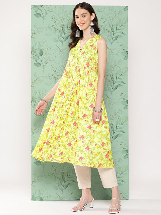 Janasya Women's Lemon Yellow Moss Digital Floral Printed Casual Gathered Kurta - Swadesiicart