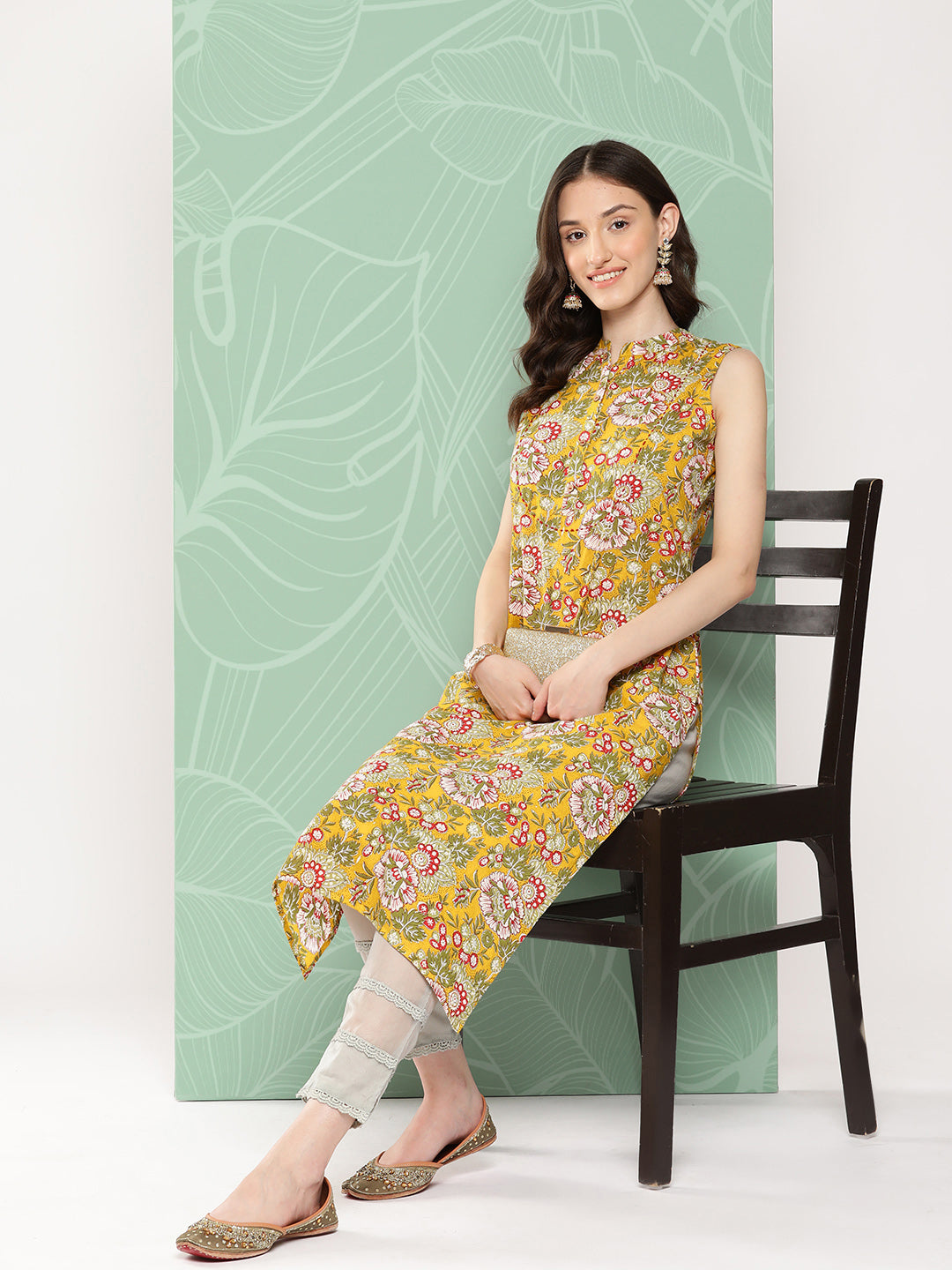 Janasya Women's Yellow Cotton Floral Printed Casual Straight Kurta | Swadesiicart