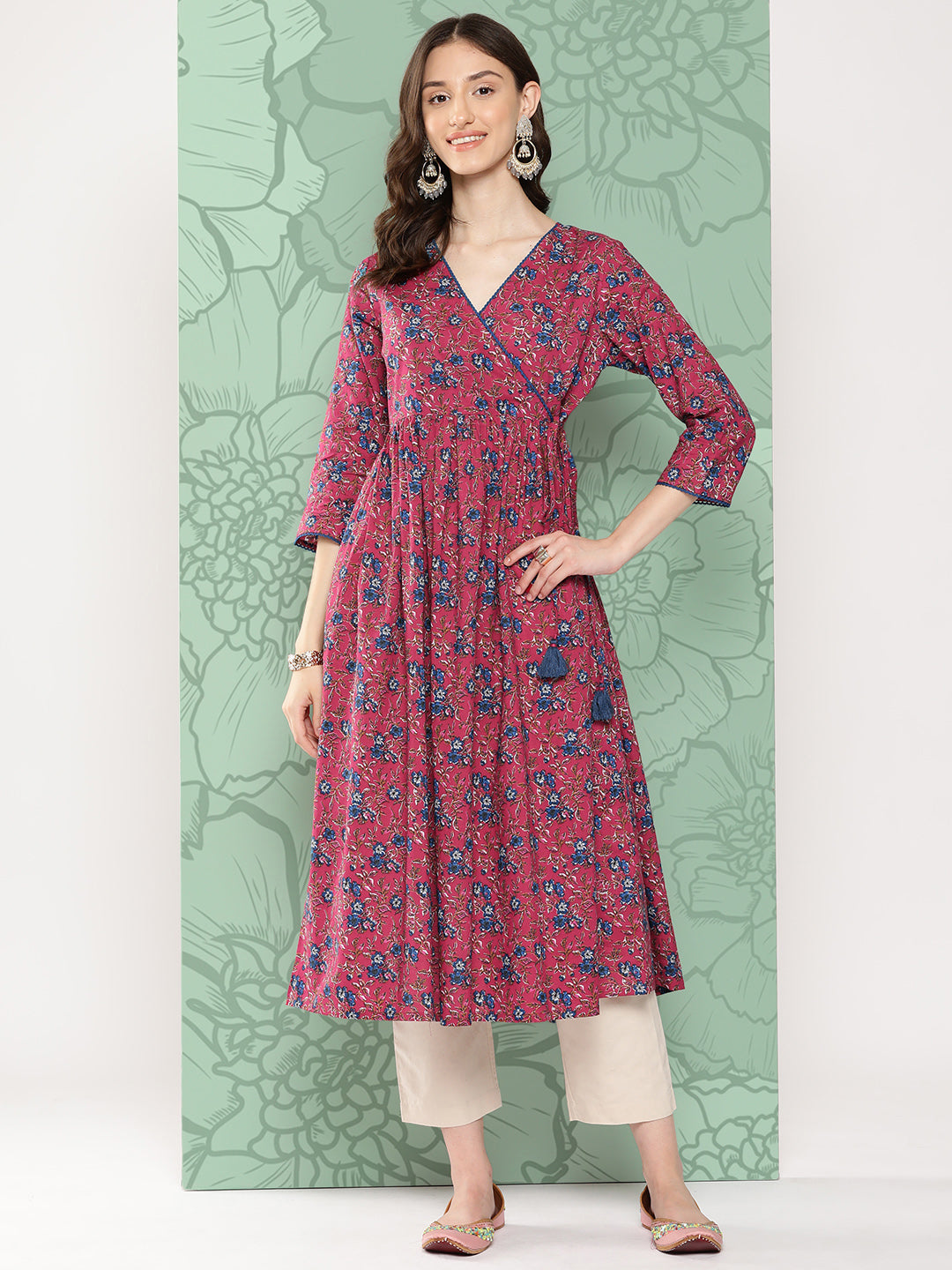 Janasya Women's Pink Cotton Floral Printed Casual Gathered Kurta | Swadesiicart