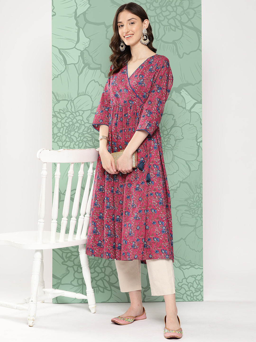 Janasya Women's Pink Cotton Floral Printed Casual Gathered Kurta | Swadesiicart