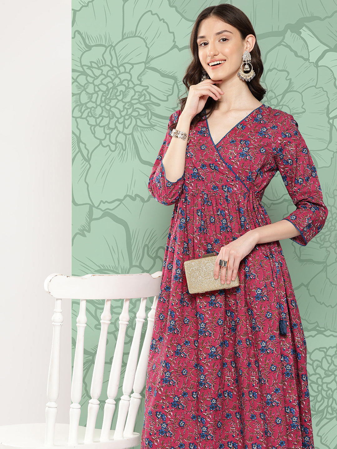 Janasya Women's Pink Cotton Floral Printed Casual Gathered Kurta | Swadesiicart