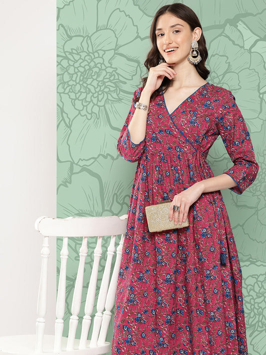 Janasya Women's Pink Cotton Floral Printed Casual Gathered Kurta | Swadesiicart